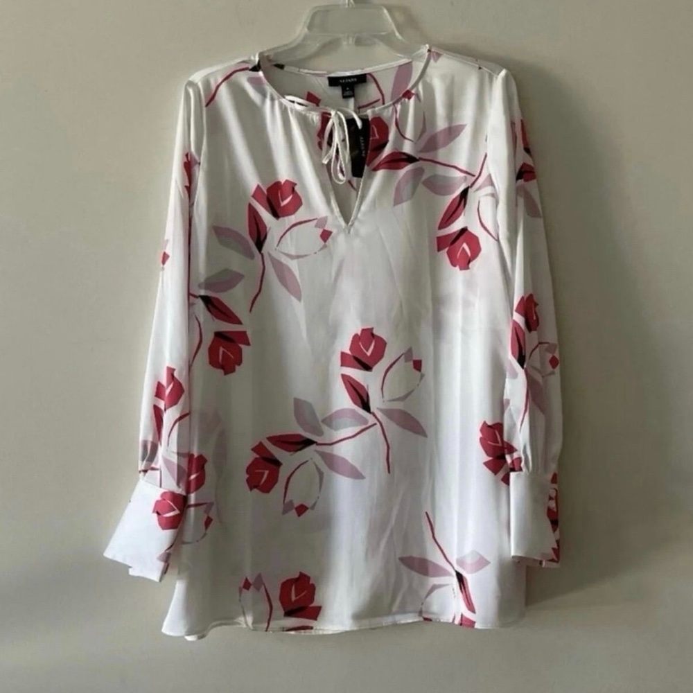 Alfani Women’s Red and White Floral Print Long Sleeve Tie Front Blouse Size M